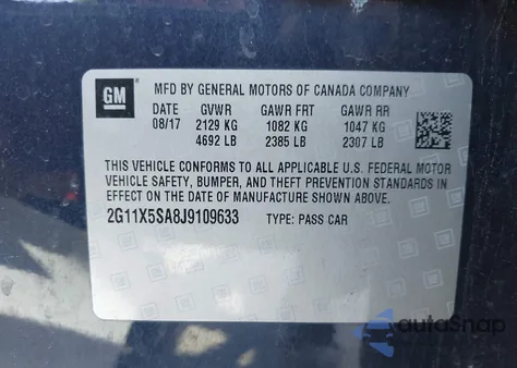 2018 Chevrolet Impala 1Fl из США, поврежденный, VIN 2G11X5SA8J9109633